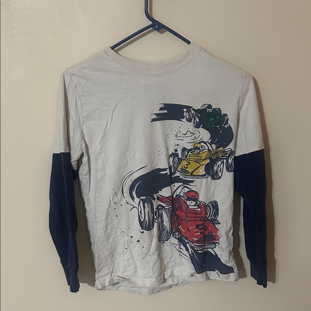 Hanna Andersson Kids Racing Car Long Sleeve Shirt - White and Navy 12